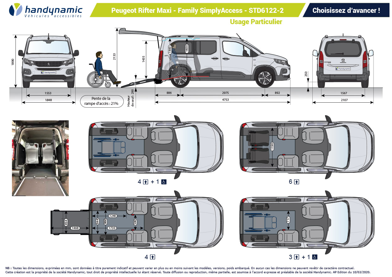 Schéma d&#039;implantation du Peugeot Rifter et son aménagement handicap Maxi Family