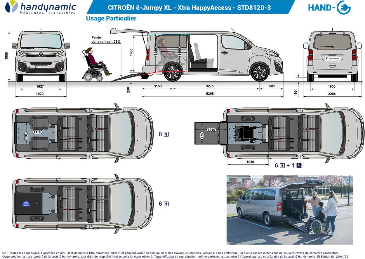 Schéma d&#039;implantation présentant les configurations possibles du Citroën ë-Jumpy long Xtra HappyAccess