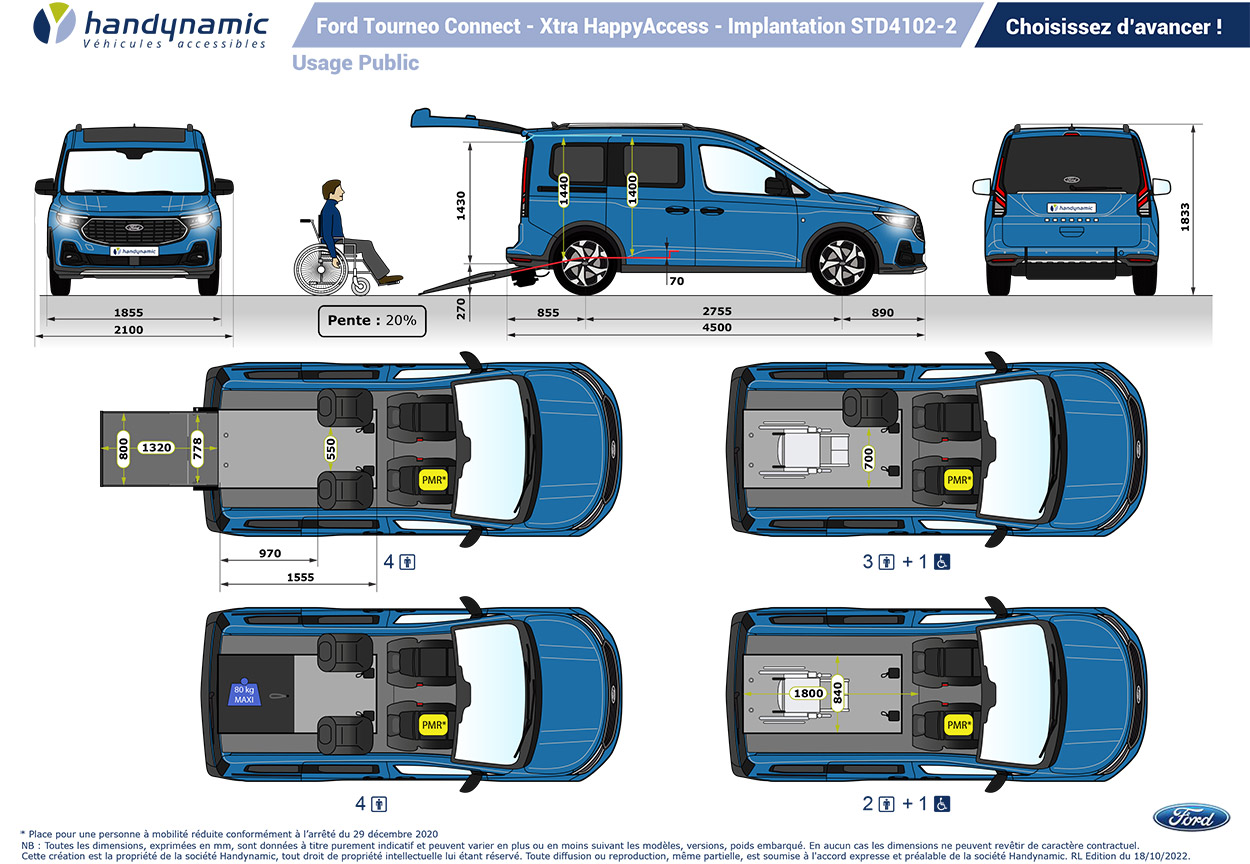 Dimensions utiles du Ford Tourneo Connect TPMR Xtra HappyAccess